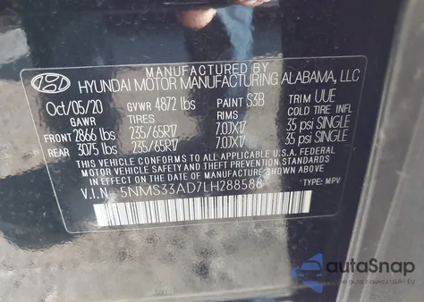 2020 Hyundai Santa Fe Sel from USA, damaged, VIN 5NMS33AD7LH288588